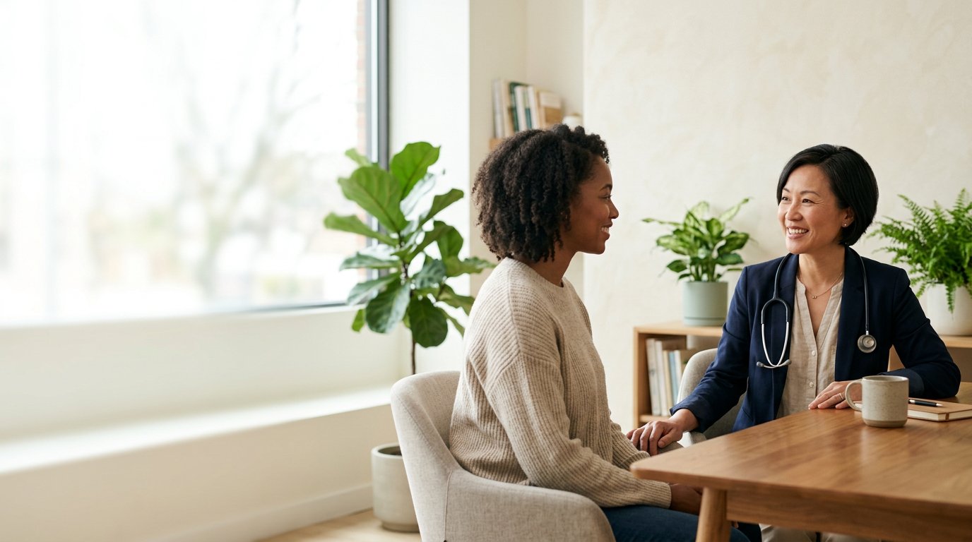 A clinician listening closely to a patient in a calm, sunlit clinic